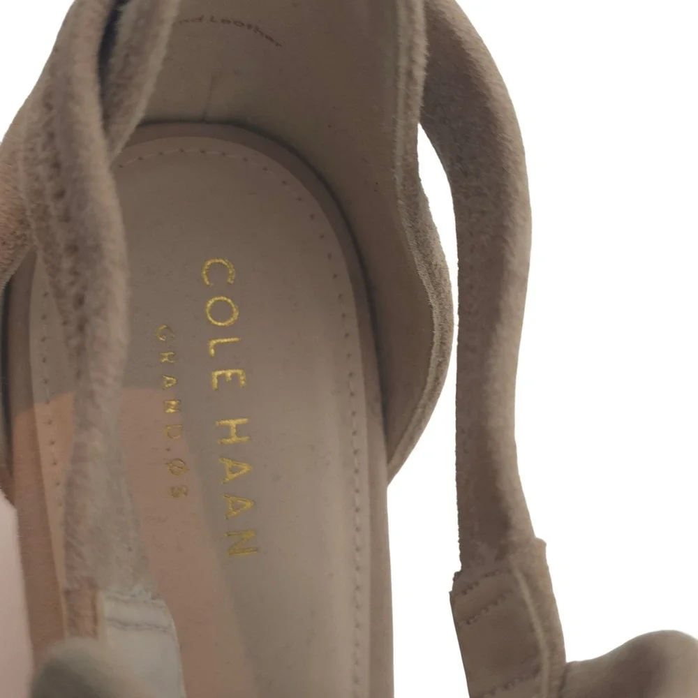 Cole Haan 8.5 Suede Peep Toe Wedge Sandals Tan Cutout Leather Upper Comfort Heel